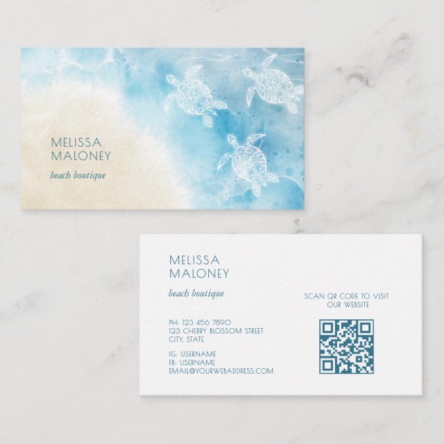 Cartão De Visita Beach Style White Turtles Scan QR Code (Frente/Verso)
