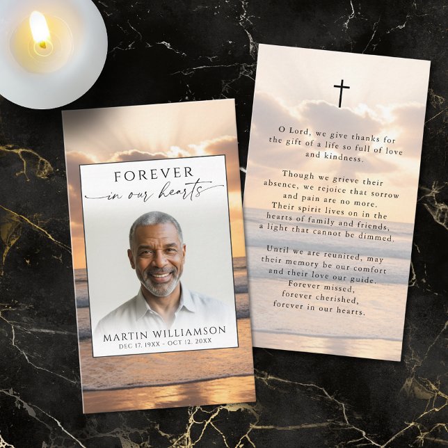 Cartão De Visita Beach Sunset Forever Hearts Photo Prayer Card (Criador carregado)