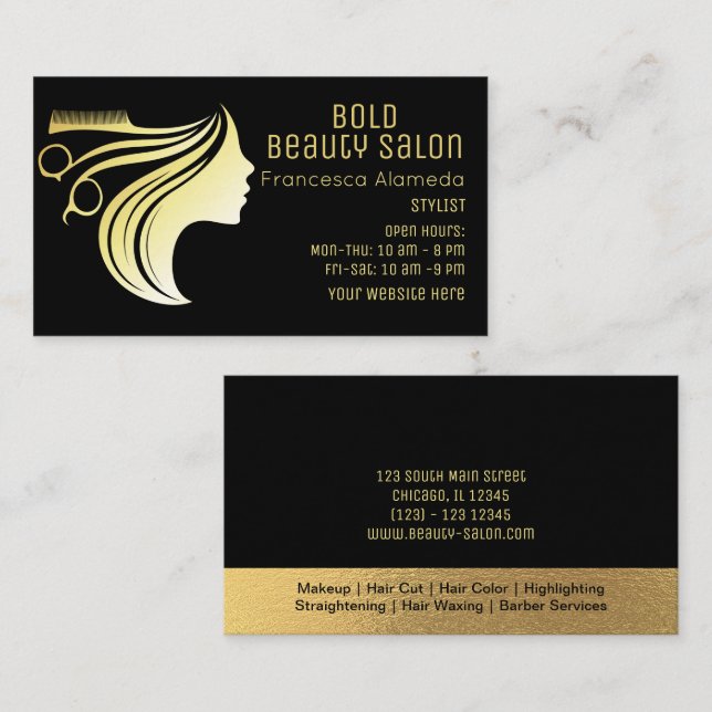 Cartão De Visita Beauon Salon Hair Stylist Metálico Dourado + Preto (Frente/Verso)