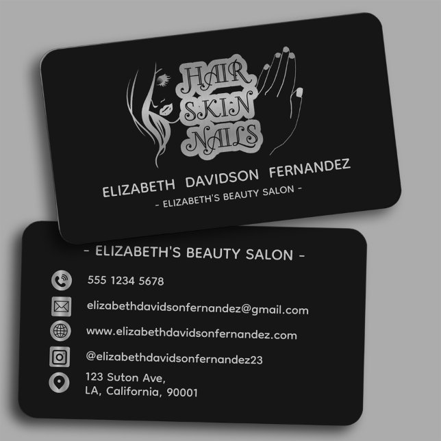 Cartão De Visita Beauon Salon Modern Silver Logo Mídia Social Preto (Criador carregado)