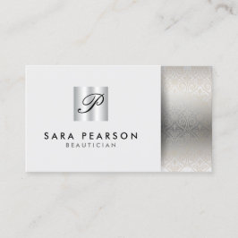 Cartão De Visita Beauticista Elegant Silver Monographic Damask