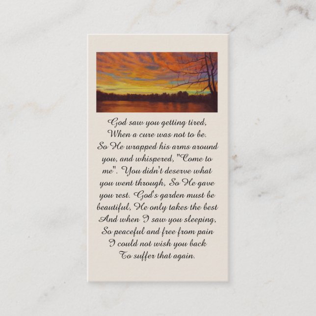 Cartão De Visita Beautiful Sunset on a Lake Memorial Prayer Card (Frente)