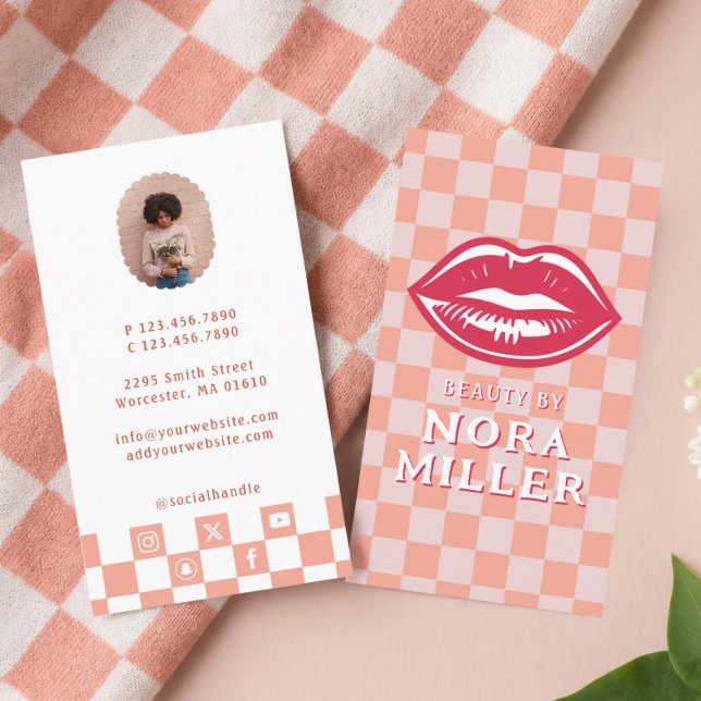 Cartão De Visita Beauty By Retro Pink Checkerboard Lips Makeup (Beauty By Retro Pink Checkerboard Lips Makeup Business Card)