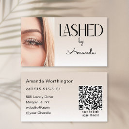 Cartão De Visita Beige Blush Lashed Minimalist Photo QR Code