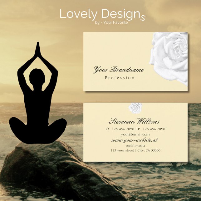 Cartão De Visita Beige Chic Plain com Rosa Branca Simples (Criador carregado)