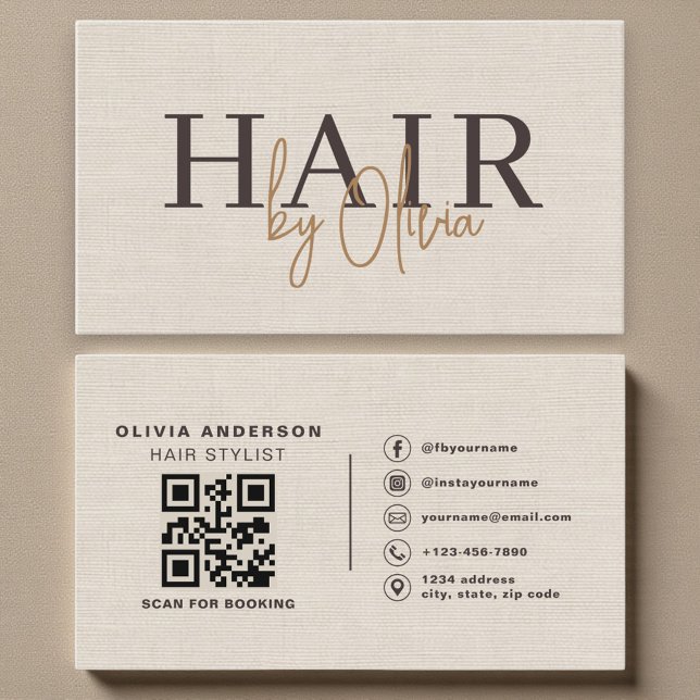 Cartão De Visita Beige Neutral Linen QR Code Hair Stylist  (Criador carregado)