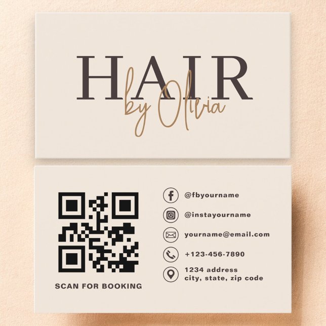Cartão De Visita Beige Neutral QR Code Hair Stylist Modern (Criador carregado)