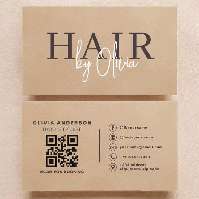 Cartão De Visita Beige Neutral Suede QR Code Hair Stylist  (Criador carregado)