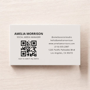 Cartão De Visita Beige neutro Código QR profissional minimalista
