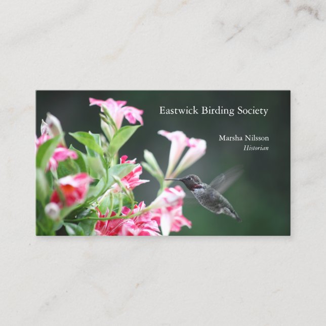 Cartão De Visita Beija-flor em flores vermelhas e brancas (Frente)