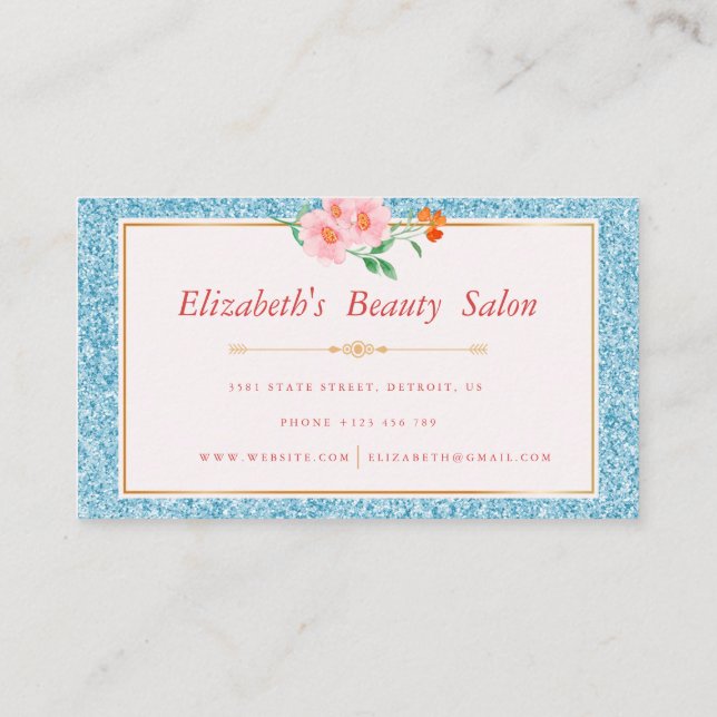 Cartão De Visita Bela Artista da Maquiagem Azul-Aqua Floral (Verso)