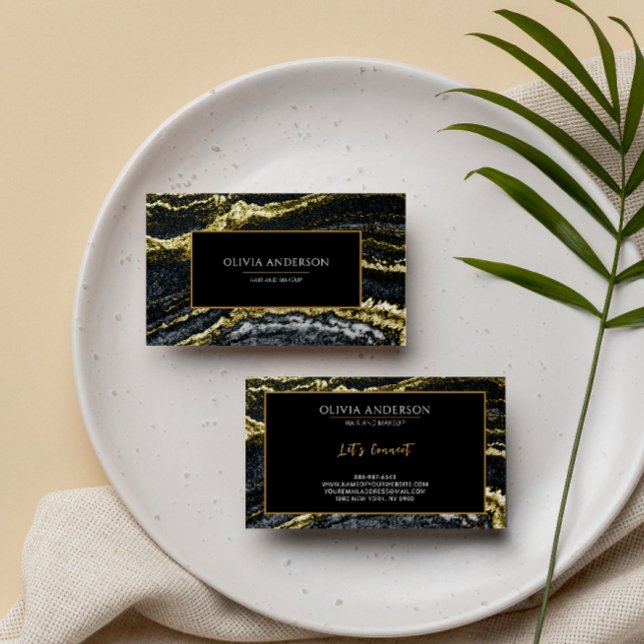 Cartão De Visita Bela Salão Negro Dourado Glitter Agate (Criador carregado)