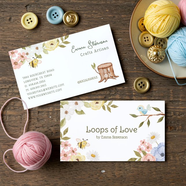 Cartão De Visita Belas-Mares Cujas Maçãs E Pássaros (Cute Woodland Knitted Bee & Bird Floral Crafters Business Card)