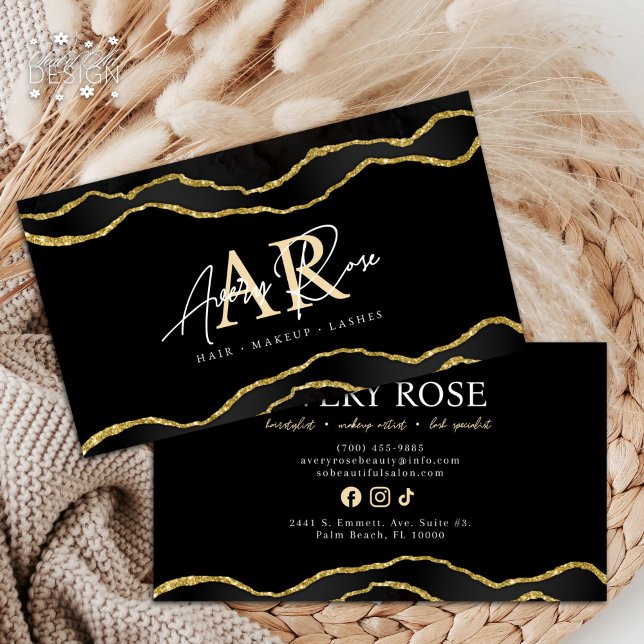 Cartão De Visita Beleza Cosmetóloga Dourada do Marble Agate Negro (Criador carregado)