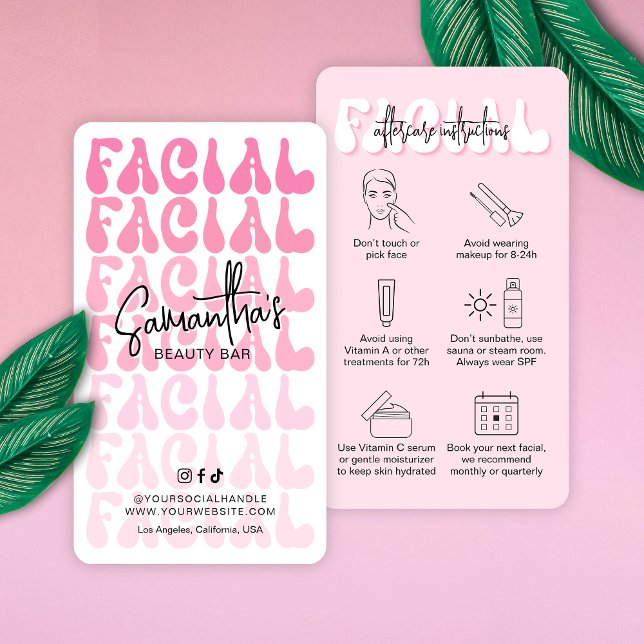 Cartão De Visita Beleza das instruções modernas de tratamento facia (Trendy facial aftercare cards featuring pink hues, retro fonts and beauty care icons)