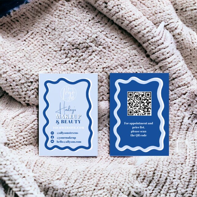 Cartão De Visita Beleza de maquiagem de ondulação azul retrógrada (Retro blue curve squiggle wavy makeup beauty business card)