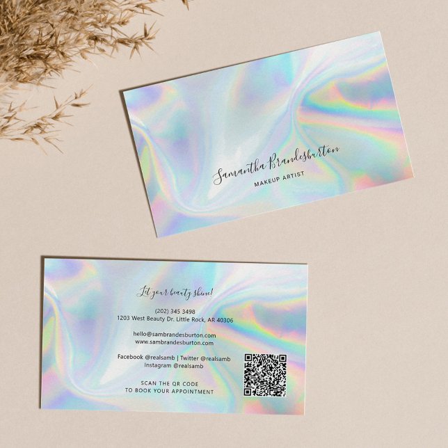 Cartão De Visita Beleza do Código QR Holográfico Moderno (Modern Makeup Artist Holographic Business Card)
