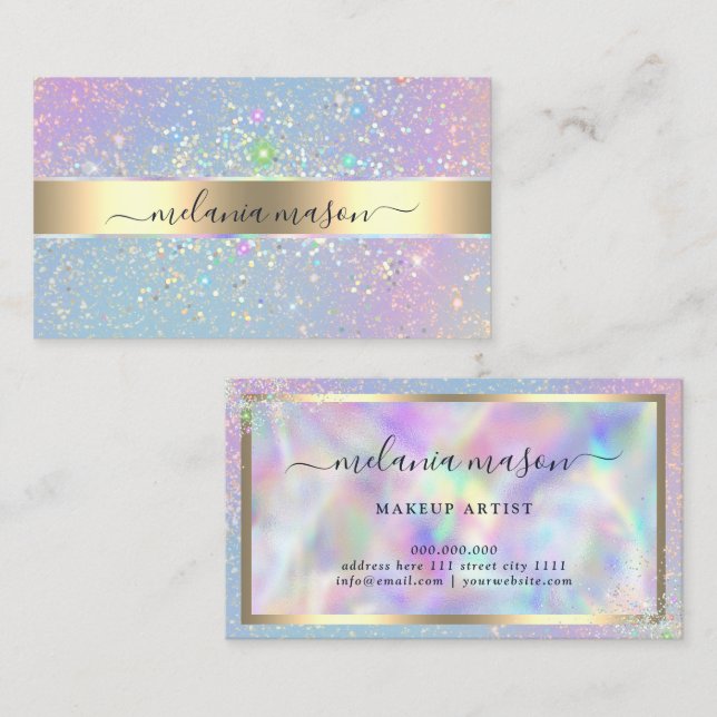 Cartão De Visita Beleza Dourada Elegante Holográfica Glam Glitter (Frente/Verso)