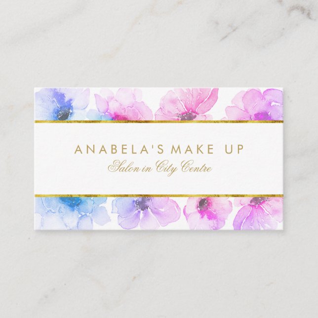 Cartão De Visita Beleza elegante das Aquarelas Florais Azuis e Roxa (Frente)