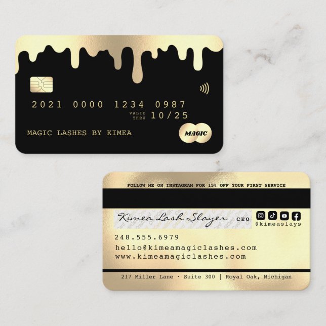 Cartão De Visita Beleza Lash Estilo de Crédito Dourado na tecnologi (Frente/Verso)