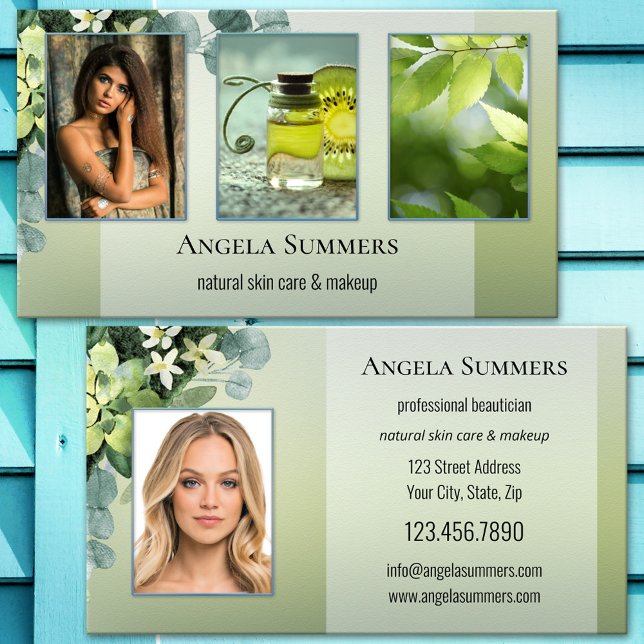 Cartão De Visita Beleza Natural Orgânica Portfolio Beauticista (Beautician or spa business card featuring your photos on elegant green watercolor leaves)