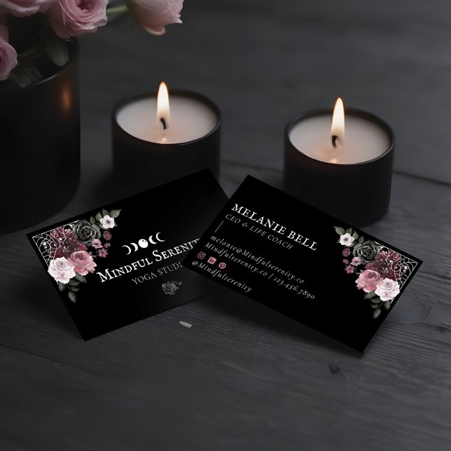 Cartão De Visita Bem-estar Holístico Floral em Aquarela Gótica Pret (Black Gothic Watercolor Floral Holistic Wellness Business Card)