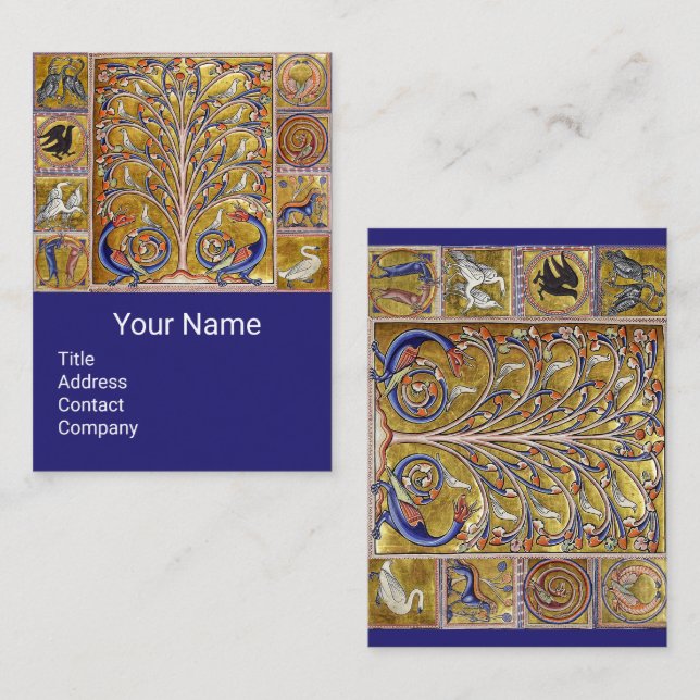 Cartão De Visita BESTIÁRIO MÉDIO,AVES,ÁRVORE DE VIDA,DRAGÕES Azul (Frente/Verso)