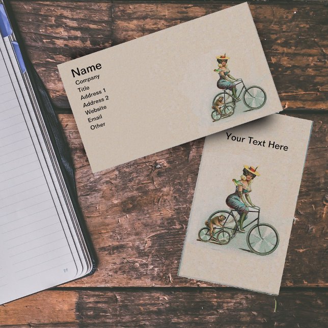 Cartão De Visita Bicicleta Dog Vitage Victorian (Victorian lady riding bicycle beside bulldog on bike on tan business cards.)