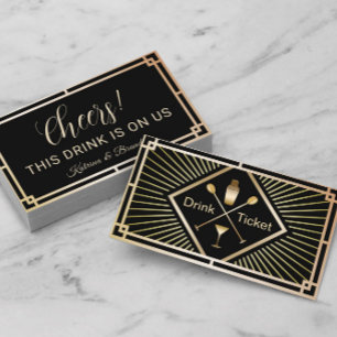 Cartão De Visita Bilhete de Bebida Ouro Art Déco Voucher de Bebida 