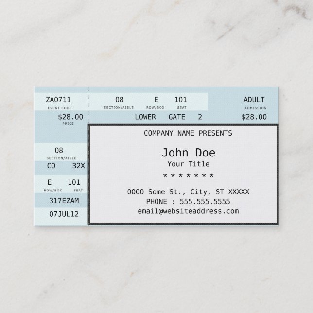 Cartão De Visita bilhete do concerto (Frente)