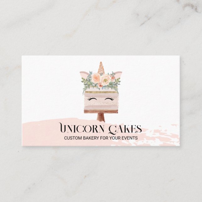 Cartão De Visita Birthday Bakery Unicorn Cake Blush Rosa (Frente)