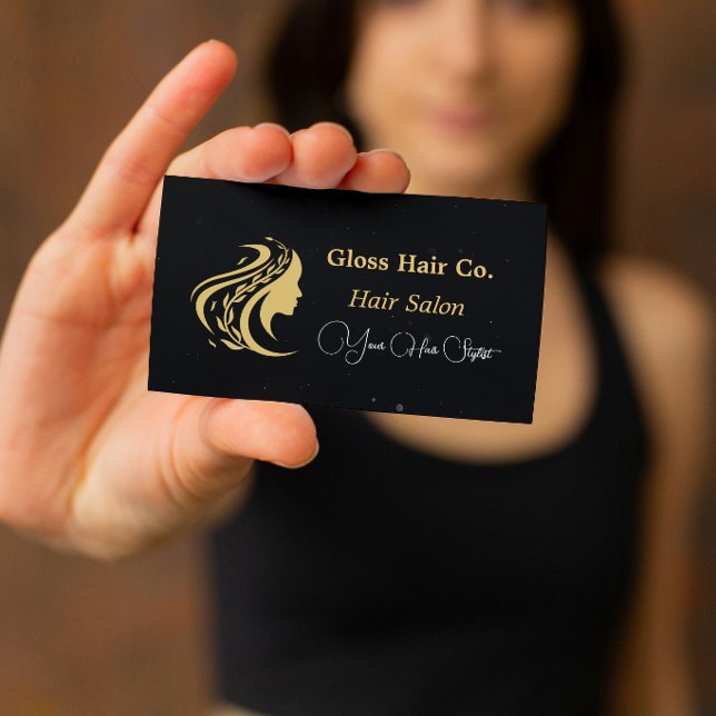 Cartão De Visita Black and Gold Elegant Hair Salon Business Card (Criador carregado)