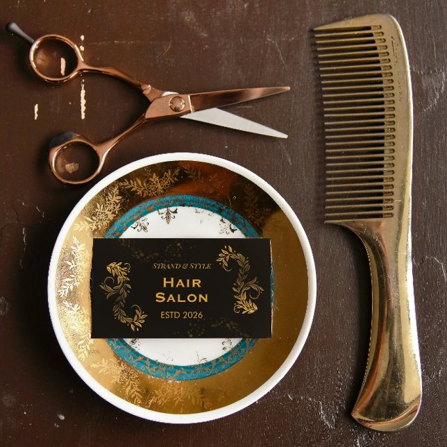 Cartão De Visita Black and Gold Elegant Luxury Style Hair Salon (Criador carregado)