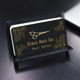 Cartão De Visita Black and Gold Floral Hair Salon Elegant Luxury