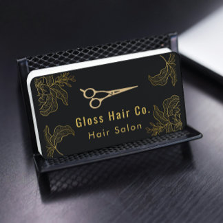 Cartão De Visita Black and Gold Floral Hair Salon Elegant Luxury