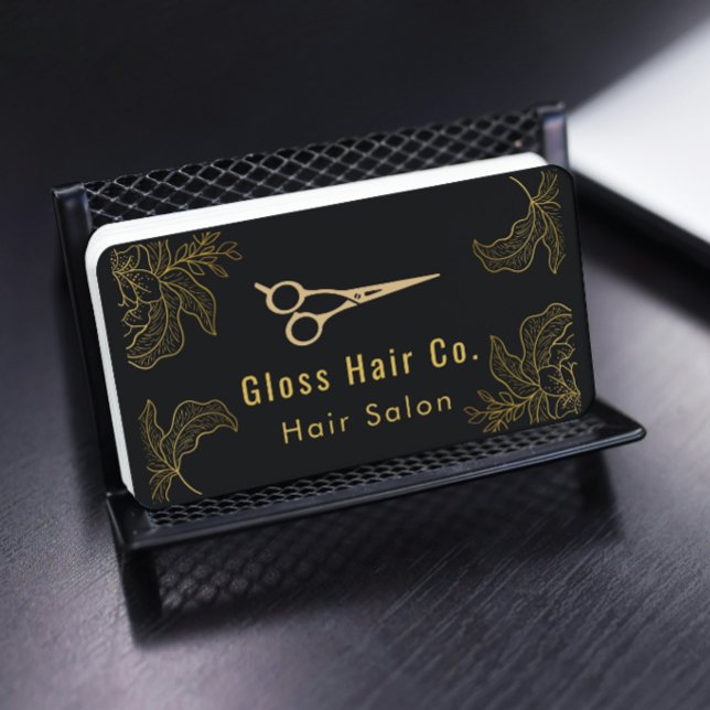 Cartão De Visita Black and Gold Floral Hair Salon Elegant Luxury (Criador carregado)
