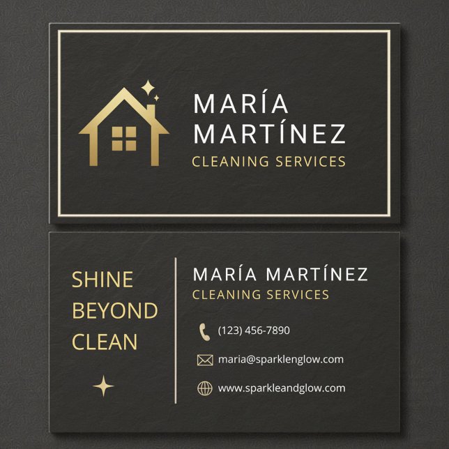 Cartão De Visita Black and Gold House Cleaning Services Slate Stone (Criador carregado)