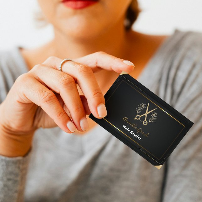 Cartão De Visita Black and Gold Minimalist Stylist Hair Salon (Criador carregado)