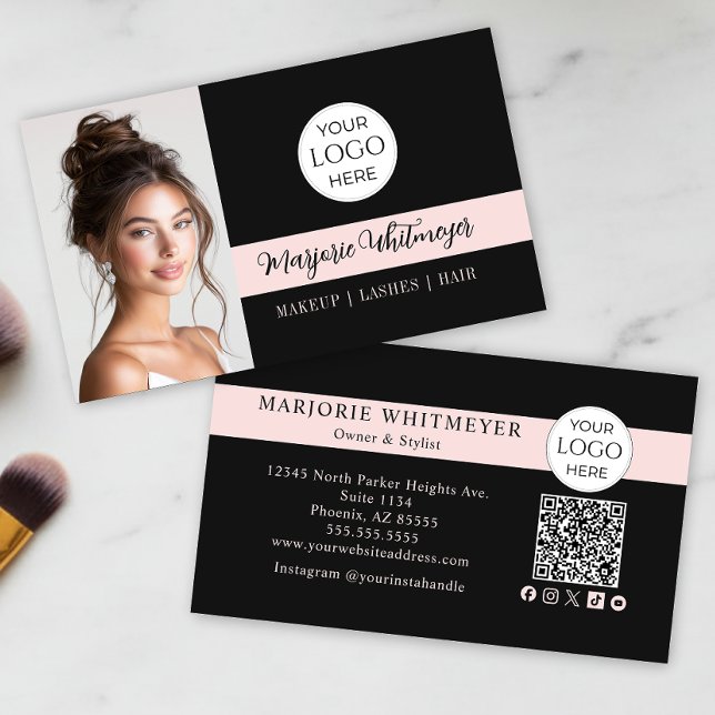 Cartão De Visita Black and Pink Script Logo QR Code Photo Makeup (ultra modern black blush pink script photo makeup business card with logo qr code social icons)