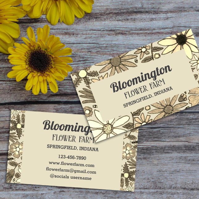 Cartão De Visita Black And Tan Flower Illustration Floral (Criador carregado)