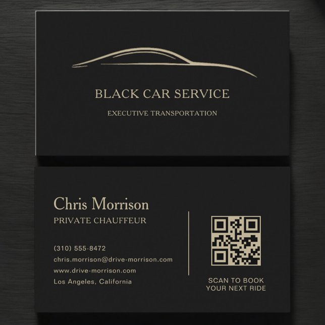 Cartão De Visita Black Car Service QR Code Black & Gold (Criador carregado)