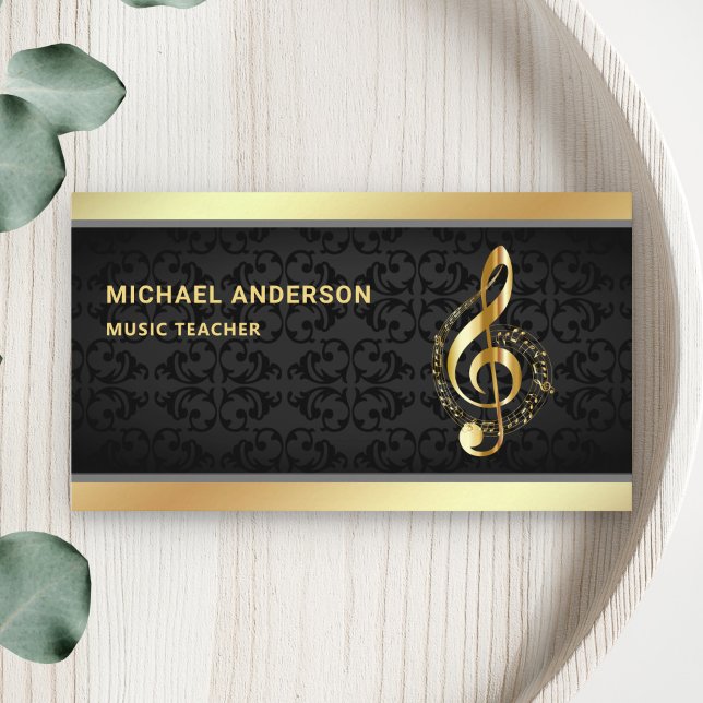 Cartão De Visita Black Damask Dourado Musical Note Clef Music Profe (Criador carregado)