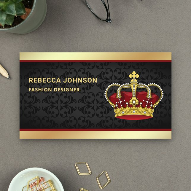 Cartão De Visita Black Damask Faux Gold Foil Red Crown (Criador carregado)