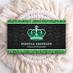 Cartão De Visita Black Damask Faux Green Glitter Coroa Real