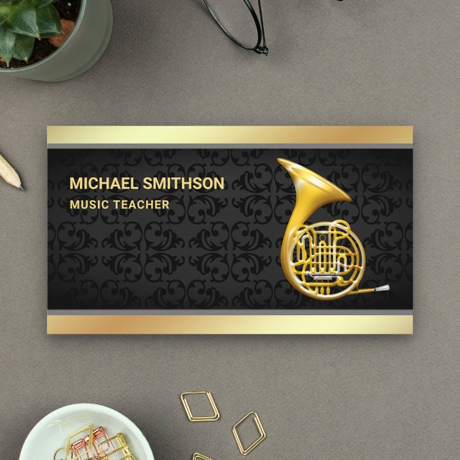 Cartão De Visita Black Damask Gold Foil French Horn Music Professor (Criador carregado)