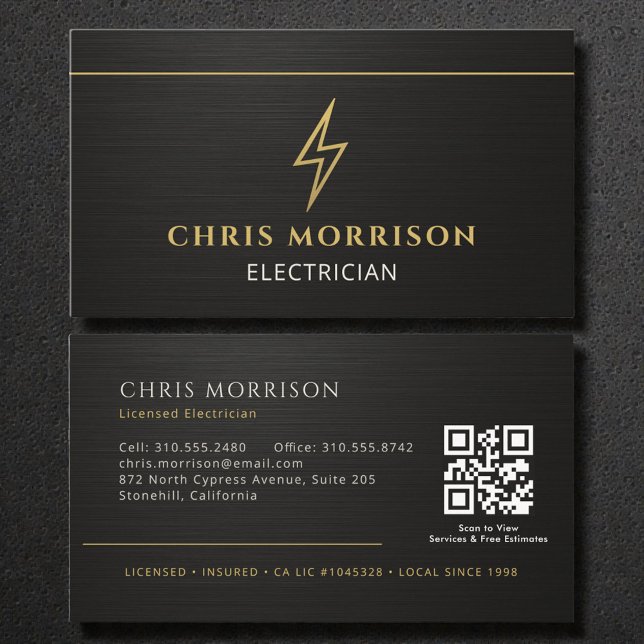 Cartão De Visita Black Electrician Metallic QR Code (Criador carregado)