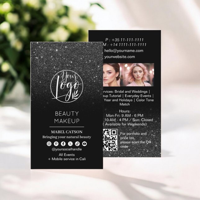 Cartão De Visita Black glitter Beauty Makeup Artist Photos QR Code (Black glitter Beauty Makeup Artist Photos QR Code Business Card)