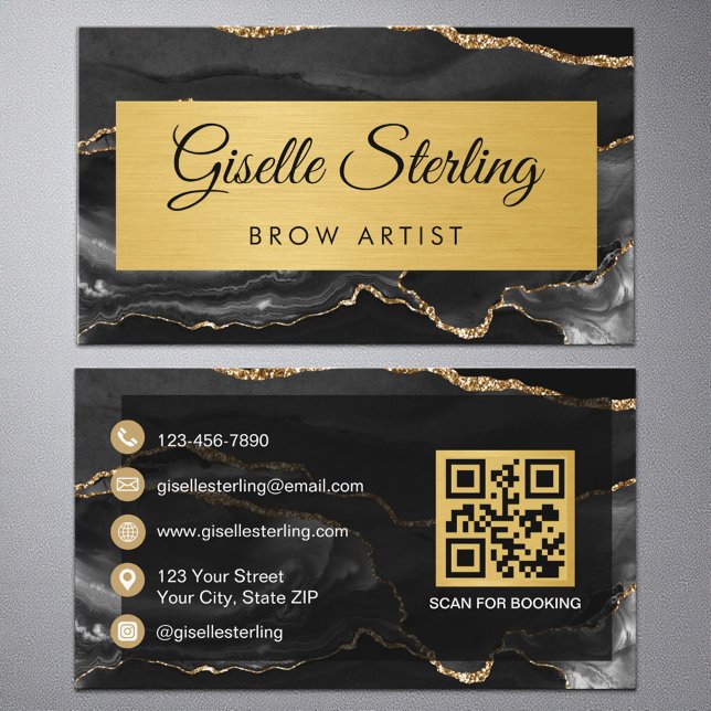 Cartão De Visita Black Gold Agate Brow Artist Glitter QR Code (Criador carregado)