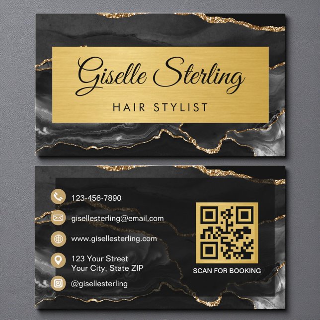 Cartão De Visita Black Gold Agate Hair Stylist Glitter QR Code (Criador carregado)