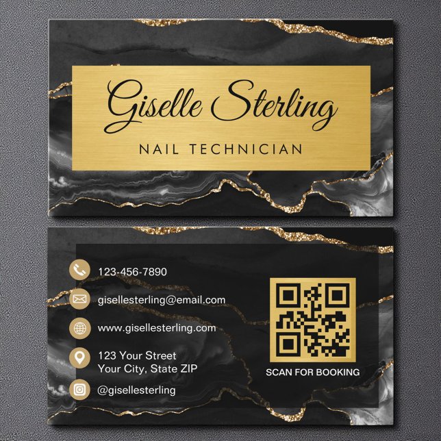 Cartão De Visita Black Gold Agate Nail Technician Glitter QR Code (Criador carregado)